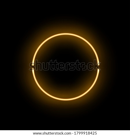 Abstract golden neon luminous ring on black background. Glowing yellow discontinuous circle with soft light effect. Vector illustration of shining round frame, template for nightclub party design