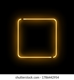 Abstract golden neon luminous square on black background. Glowing yellow discontinuous rectangle with soft light effect. Vector illustration of shining frame, template for nightclub party design