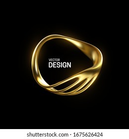 Abstract golden organic shape. Vector 3d illustration. Shiny elegant ring isolated on black background. Jewelry concept. Glossy frame design. Realistic metallic object. Decoration element