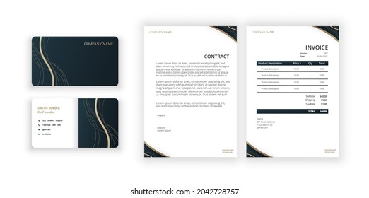 Abstract golden ornament. Business card and blank. Modern minimalist template. Document design template for office, company. Gold ornament greeting card on a black background. 