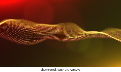 Abstract golden particle background. Flow wave with dot landscape. Digital data structure. Future mesh or sound grid. Pattern point visualization. Technology vector illustration.
