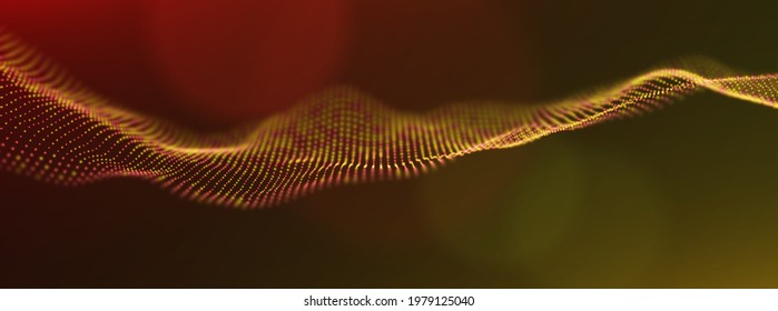 Abstract golden particle background. Flow wave with dot landscape. Digital data structure. Future mesh or sound grid. Pattern point visualization. Technology vector illustration.