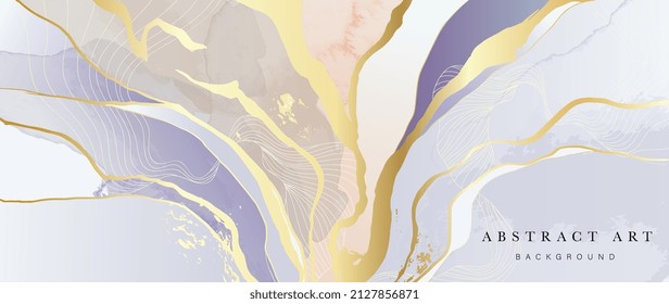 Abstract Golden In Pastel Tone Background. Luxury Wallpaper With Purple, Pink And White Watercolor. Premium Design With Gold Wave Line Art For Banner, Covers, Wall Art, Home Decor And Invitation.