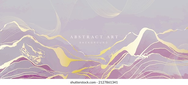 Abstract golden in pastel tone background. Luxury mountain wallpaper with purple and pink watercolor. Premium design with gold wave line art for banner, covers, wall art, home decor and invitation.