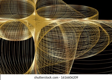 Abstract Golden Pattern with Circles. Colorful Spiral Lines Isolated on Black Background. Vector. 3D Illustration