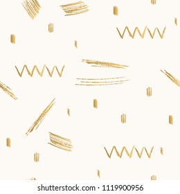 Abstract golden pattern with foil textured hatches and strokes. Vector, isolated.