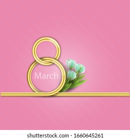 Abstract Golden and Pink Floral Greeting card.Golden number eight and glitter gold greeting on background.International Happy Women's Day.Trendy Design Template.Vector illustration.