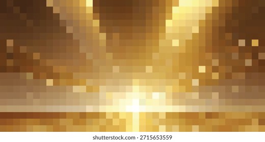 Abstract golden pixelated background featuring bright light effects and a shimmering, textured surface, ideal for digital and modern design projects.