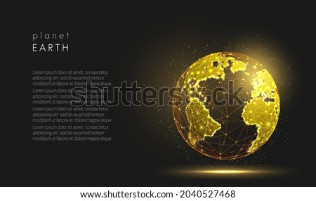 Abstract golden planet earth. World map. Space view. Low poly style design. Geometric background. Wireframe light connection sphere structure. Modern 3d graphic concept. Isolated vector illustration