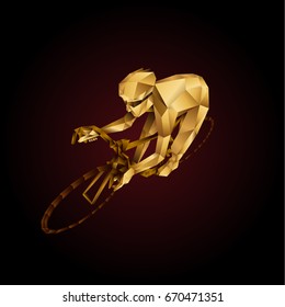 Abstract golden Polygonal cyclist. Cycle racing low poly sport vector background.