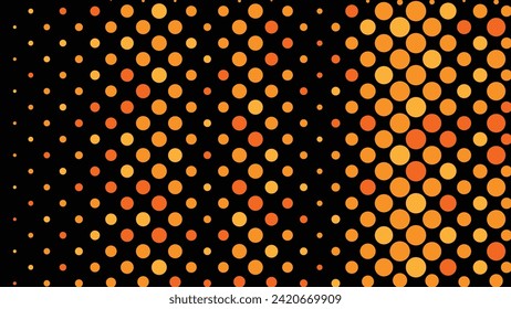 Resumen del estilo de historieta de arte pop dorado medio tono colorido sobre un fondo negro. Ilustración vectorial colorida con spray de punta. Fondo de medio tono del vector de patrón creativo. Gradiación colorida del spray de punto.