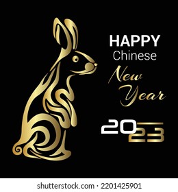 Abstract golden rabbit on black background line art logo. Symbol of 2023 year