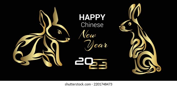 Abstract golden rabbit on black background line art logo