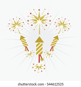 Abstract golden and red rocket firework and blasts on off white background
