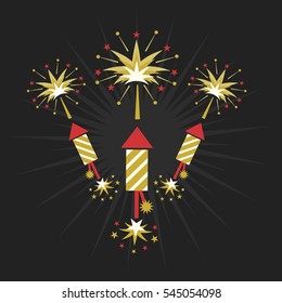 Abstract golden and red rocket firework and blasts on black background 