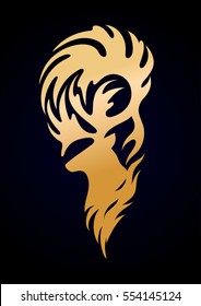 Abstract golden reindeer silhouette isolated on black background. Can be used as blackwork tattoo art, print or t-shirt design
