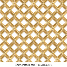 Abstract golden rhombus geometric seamless pattern. Vector illustration. 3d golden glitter grid lattice texture on white background.