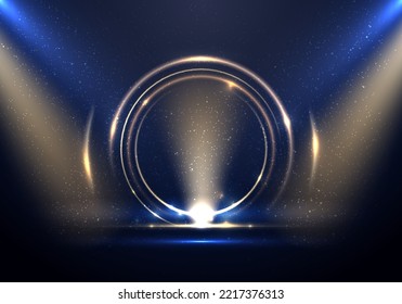 Abstract golden ring circles lighting effect backdrop with spotlight on blue stage background. You can use for celebration award festive, showing, exhibition event, etc. Vector illustration