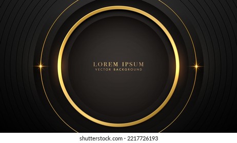 Resumen del anillo dorado y elementos del marco del círculo dorado con una decoración de efecto claro sobre el fondo negro. Ilustración del vector