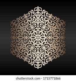 Abstract golden round element. Laser cut mandala template, vector. Oriental pattern.