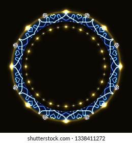 Abstract golden round frame with blue pattern on black background. 