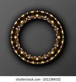 Abstract golden round frame with neon sparkling pattern on black background. 