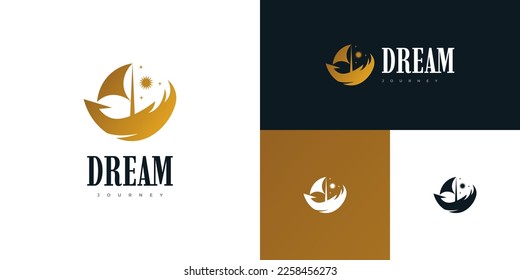 Abstract Golden Sailboat Logo with Sun and Stars. Ship Logo or Icon