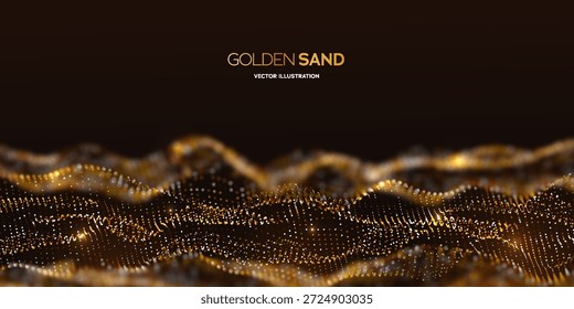 Abstract Golden Sand Wave Made Of Glowing Particles On Dark Background With Depth And Motion. Luxury Golden Sands And Premium Abstract Waves. Vector Illustration