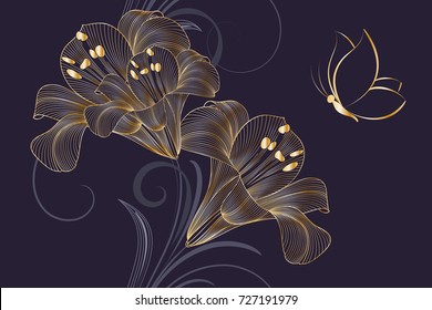 Abstract golden seamless hand drawn floral pattern and lily flowers