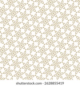Abstract golden seamless pattern in oriental style. Vector floral geometric ornament. Gold ornamental texture with small stars, flowers, diamonds, diagonal lattice. Luxury background. Repeated design