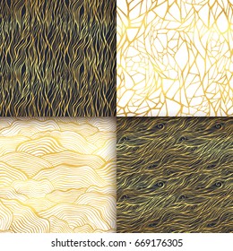 Abstract golden seamless pattern set. Waves, curly lines, spiral, stripes, scale ornament. Universal basic background. Shining luxury glamour vector illustration