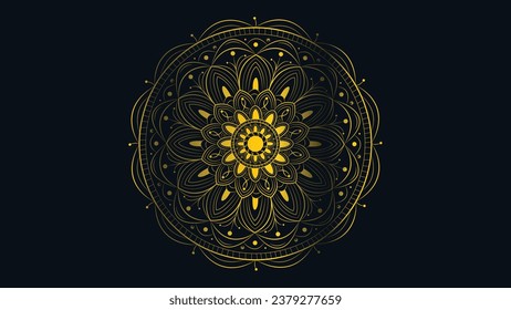 Abstract golden shade gradient mandala in dark green background.