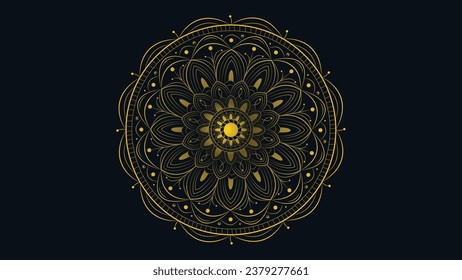 Abstrakter goldener Farbverlauf-Mandala auf dunkelgrünem Hintergrund.