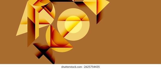 Abstract golden shapes create dynamic composition. Geometric forms overlap, suggesting depth, movement, modern design. Warm tones dominate visual space.