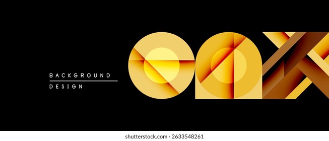 Abstract golden shapes overlap black background. Geometric design features layered circles, squares, lines creating dynamic visual effect. Modern aesthetic suitable for digital projects.