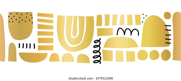 Abstract golden shapes seamless vector border. Repeating horizontal pattern cut out Matisse style collage metallic gold foil. Elegant Banner, footer, divider, fabric trim, ribbon, wall decal .