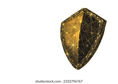 Resumen Escudo dorado. Ilustración de vectores de alambre de popa baja aislada en blanco. Proteger y la seguridad del concepto de seguridad. Bajo cielo estrellado dorado polilla imagen digital 3d moderna o fondo. 