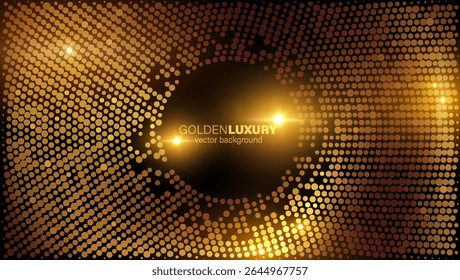 Abstract golden shimnmering dotted vector background for luxurious goods and invitations. Concept of rich and wealth. Glittering circular array halftone pattern