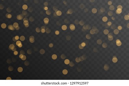 Abstract golden shining bokeh isolated on transparent background. Decoration or christmas background. Vector