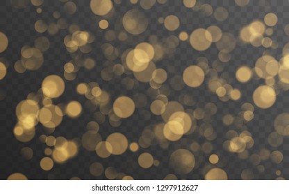 Abstract golden shining bokeh isolated on transparent background. Decoration or christmas background. Vector