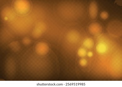 Abstract golden shining bokeh isolated on transparent background. Lights and sparks glitter glowing effect. Lens flare Christmas or New Year holiday card.