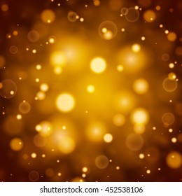 Abstract golden shining bokeh lights background. Magic glitter and sparkles. With space for text. Vector illustration.