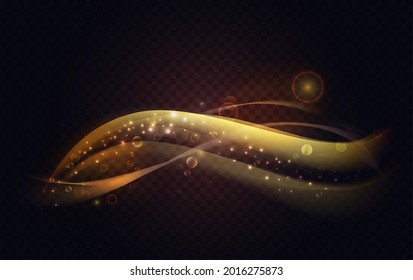 Abstract golden shining lines light rays wave effect vector illustration. Bright shiny curve swirl trail, bokeh lens flare, glossy gold luxury wavy decoration in dynamic motion on dark background