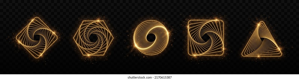 Abstract golden shiny frames. Geometric backdrop with glittering particles and golden beams. Holiday banner design