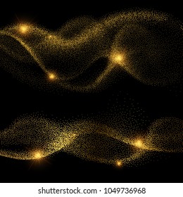 Abstract golden shiny smokey wave vectors. Shiny glitter wave, motion glowing gold illustration