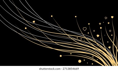 Abstractas líneas fluidas doradas y plateadas con estrellas y corazones sobre fondo negro, diseño elegante para celebración de lujo, Anuncio de eventos o tarjeta festiva.