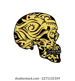 abstract golden skull logo, icon, isolated on white background. skull, head, side, bone, skeleton, anatomy, organ, body part, clipart, flat, outline, sticker, doodle, black, white, vector illustration