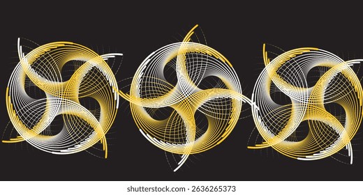 Abstract golden smooth curve line in ribbon shape on black background. Design space in the center of circle for text.