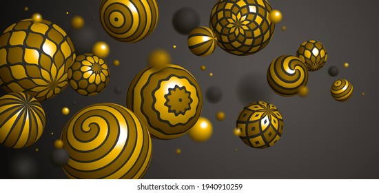 Abstrakte goldene Sphären, Vektorhintergrund, Zusammensetzung von Fliegerbällen mit Mustern glänzenden Goldes, 3D gemischte Vielfalt realistische Kugeln mit Ziergegenständen, realistische Tiefenwirkung des Feldeffekts.