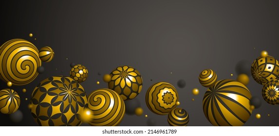 Abstract golden spheres vector background, composition of flying balls decorated with patterns of shiny gold, 3D mixed variety realistic globes with ornaments, realistic depth of field effect.